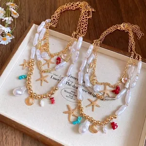 Elegant Multi-layer Gold Silver Starfish Shell Pendant Necklace For Women Artificial Pearl Alloy Vacation Clavicle Chain