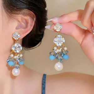Ethnic Style Blue Flower Tassel Beaded Earrings With 925 Sterling Silver Earring Post Glass Copper Artificial Pearl Long Drop Earrings For Women