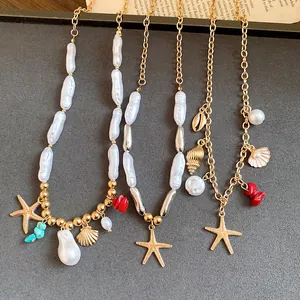 Detailed view of ocean-themed necklaces with pearls, starfish, and shell charms