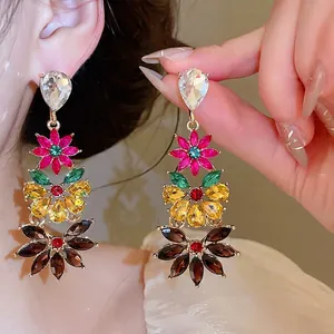Fashion Colorful Rhinestone Flower Drop Earrings Western Style Copper Overstated Jewelry For Women Party Wedding Banquet