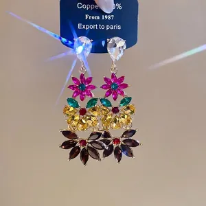 Vibrant colorful floral drop earrings with rhinestone teardrop detail
