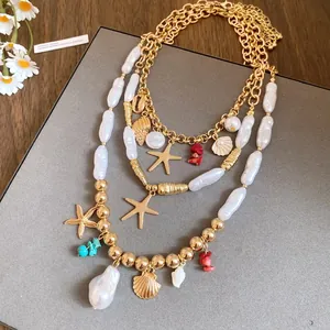 Close-up of elegant pearl necklace with gold starfish and seashell charms.
