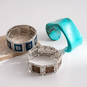 Vintage square elastic bracelets with blue and amber enamel and turquoise resin bangle
