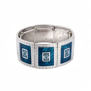 Elegant vintage blue enamel square elastic bracelet featuring silver spiral pattern design