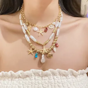 Close-up of a multi-layer necklace with pearl, starfish, and shell charms on a model
