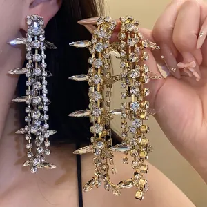 Women Long Tassel Rhinestone Earrings With 925 Sterling Silver Earring Post Copper Luxury Geometric Fringe Jewelry For Party