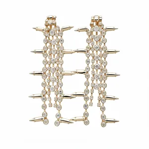 Luxury avant-garde gold-toned crystal fringe earrings with punk spikes for women