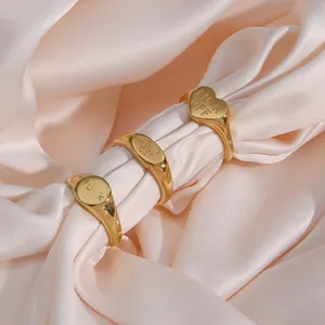 Stainless Steel 18K Gold Plated Engraved Signet Ring For Women Punk Street Style Oval Heart Lettering Signet Ring Jewelry