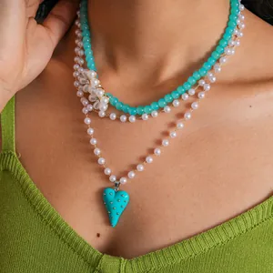 Collana Multistrato con Perle Artificiali e Ciondolo a Cuore con Fiori di Strass Girocollo Elegante Gioielli alla Moda da Donna Regalo