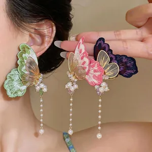 Butterfly Embroidery Rhinestone Tassel Stud Earrings For Women Light Luxury Artificial Pearl Drop Earrings Elegant Jewelry