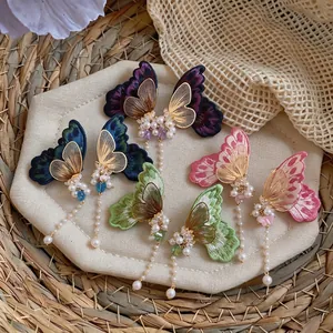 Exquisite embroidery butterfly drop earrings with pearl tassels in vibrant colors