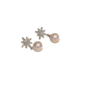 Korean style sparkling zircon eight-pointed star snowflake pearl drop stud earrings
