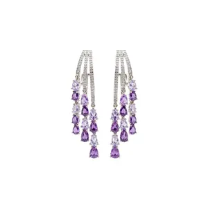 Elegant 18k gold plated silver pin zircon teardrop tassel earrings with purple stones