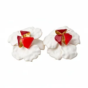 Elegant vintage red and white flower stud earrings with gloss drip oil enamel finish