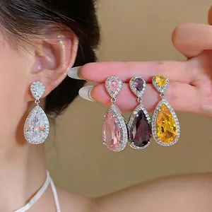 Vintage Court Style Luxury Water Drop Zirconia Stud Earrings For Women Exquisite Copper Jewelry With 925 Sterling Silver Post