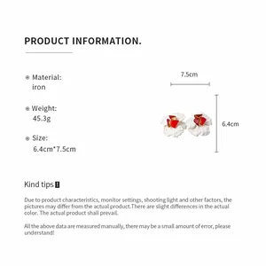 Detailed size specifications for floral metal stud earrings with red accents.