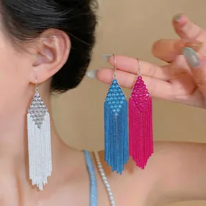 Handmade Rhombus Beaded Tassel Earrings Bohemian Long Metal Chain Drop Earrings For Women Niche Design Iron Glass 925 Silver Needle Jewelry