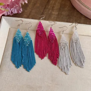 Elegant diamond beaded dangle earrings with long metal chain tassels in three colors