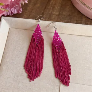 Elegant fuchsia beaded diamond-shaped long tassel drop earrings with silver hooks