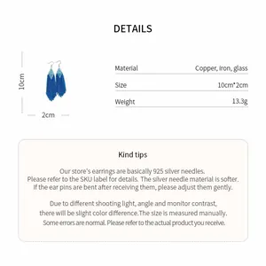 Detailed product specifications and size chart for blue beaded tassel hook earrings
