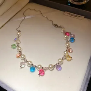 Elegant asymmetric pearl and colorful crystal bead choker necklace for beach vacation style
