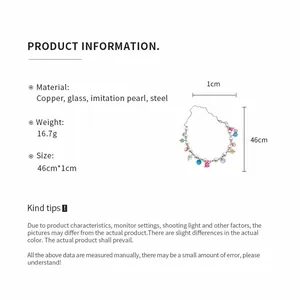 Detail view of colorful beaded necklace with product specifications and dimensions