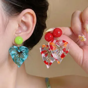 Bold Resin Leaf Stud Earrings With 925 Sterling Silver Earring Post Marbled Pattern Hollow Foliage Statement Earrings For Women Jewelry Gift
