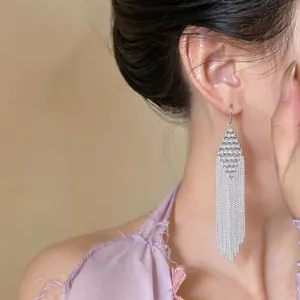 Elegant close-up detail of silver long chain tassel earrings with sparkling cubic zirconia