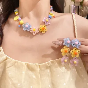 Colorful Resin Daisy Jewelry Set For Women Sweet Dopamine Style Resort Handmade Botanical Flower Necklace Earring Set