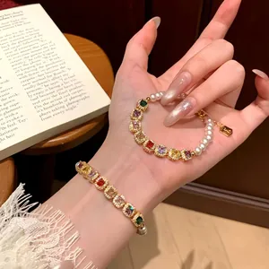 Bracciale in Stile Ins Coreano Con Strass Geometrici Colorati e Perle Artificiali Lega Placcata Oro Argento Gioielli Donna