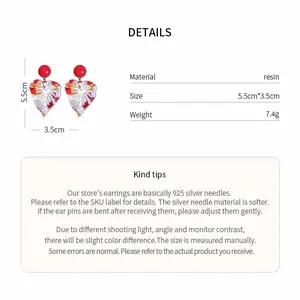 Detail view of colorful resin leaf earrings with size specifications and material tips.
