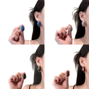 Exquisite retro Hong Kong style oval stud earrings set featuring multiple elegant colors.