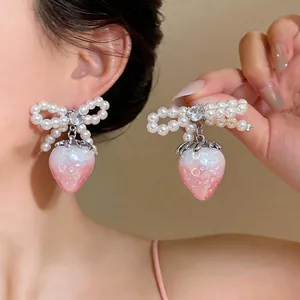 Strawberry Bow Artificial Pearl Stud Earrings With 925 Sterling Silver Earring Post Zirconia Inlaid French Sweet Jewelry