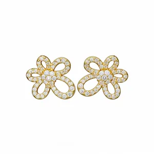 18k gold plated flower stud earrings with shimmering cubic zirconia stones on white background