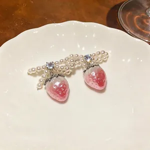 Elegant French style pearl bow strawberry drop earrings with sparkling cubic zirconia studs