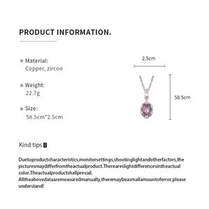 Close-up of oval purple zircon pendant necklace with detailed size and material specs