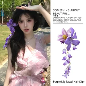 Pince à Cheveux Fleur Violette Vintage Français Avec Long Gland Fait à la Main Tissu Satin Bec de Canard Coiffe Élégante pour Femmes