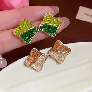 Luxury 14K Gold Plated S925 Sterling Silver Post Geometric Crushed Glass Stud Earrings Fashion Versatile Jewelry For Women