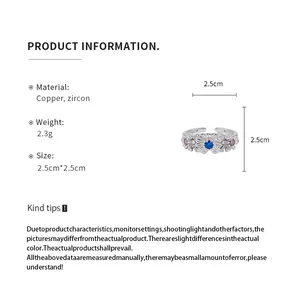 Detail view of silver daisy ring with colorful zircons and specific product measurements