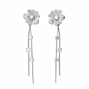 Elegant silver-tone flower stud earrings featuring long shimmering zircon tassel drops.