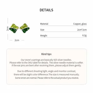 Detailed specs for geometric glass stud earrings with 14K gold plating