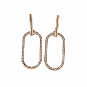 Elegant rose gold geometric oval drop earrings featuring sparkling crystal pavé accents