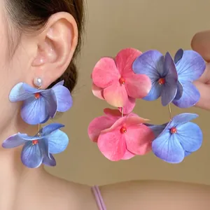 Sweet Dopamine Style Fabric Flower Petal Stud Earrings With Artificial Pearl Tassel Elegant Light Luxury Jewelry For Women