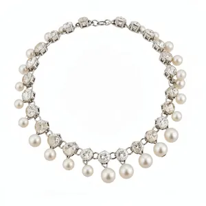 Elegant vintage style silver-tone choker necklace with crystal and pearl drop pendants