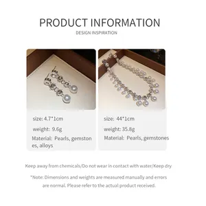 Product specifications and materials detail for pearl rhinestone earring and necklace set