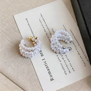 Eleganti ear cuff multistrato di perle in stile francese per orecchi senza buco in oro e argento