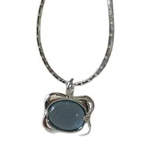 Minimalist silver chain necklace with blue jelly color sugar cube zircon pendant