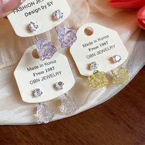 Süße Koreanische Stil Harz Rose Blume Ohrstecker Mit Herz Zirkonia 925 Sterlingsilber Ohrstecker-Stift Elegante Damen Schmuck