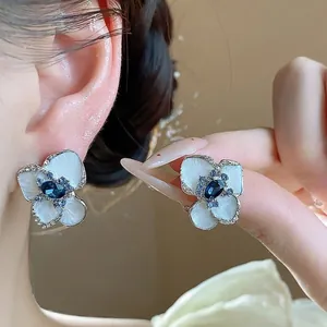 Vintage Alloy Flower Stud Earrings With 925 Sterling Silver Earring Post Blue White Enamel Rhinestone Delicate Women Jewelry
