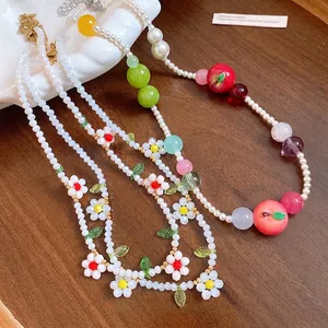 Fresh Sweet Artificial Pearl Resin Apple Daisy Flower Beaded Necklace For Women Cute Fruit Pendant Clavicle Chain Jewelry